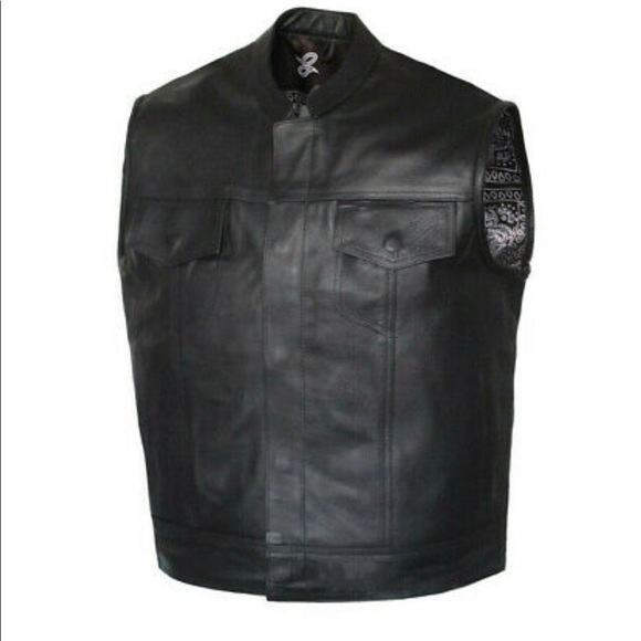 Paisley Mens Motorcycle Leather Club Vest Solid Concealed Carry Pockets - Picture 1 of 8